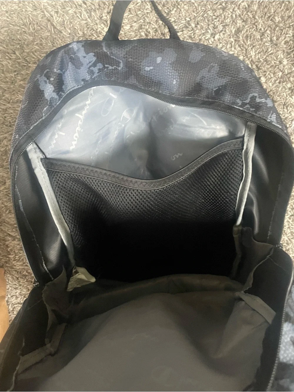 Champion Black & Gray Camo Backpack with Vertical Logo